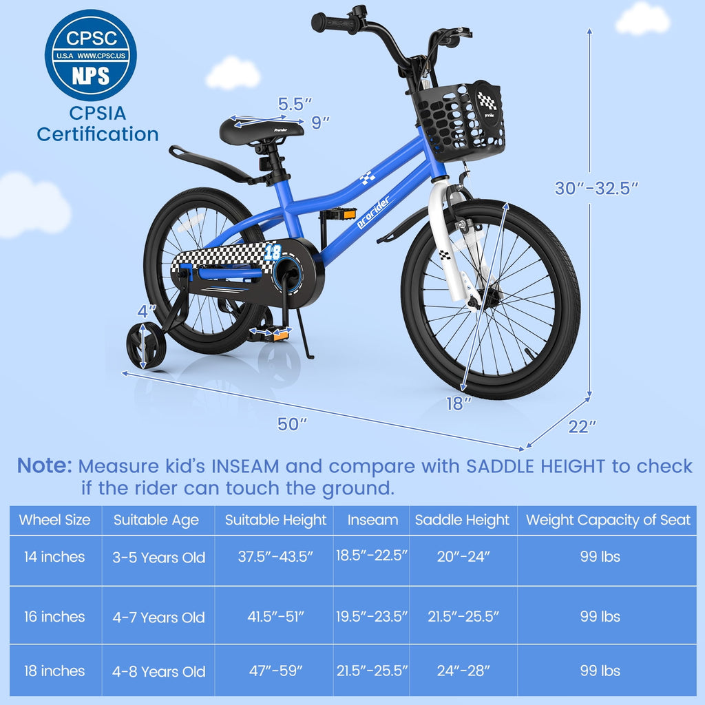 Costway 14'' Kid's Bike with Removable Training Wheels & Basket for 3-5 Years Old White