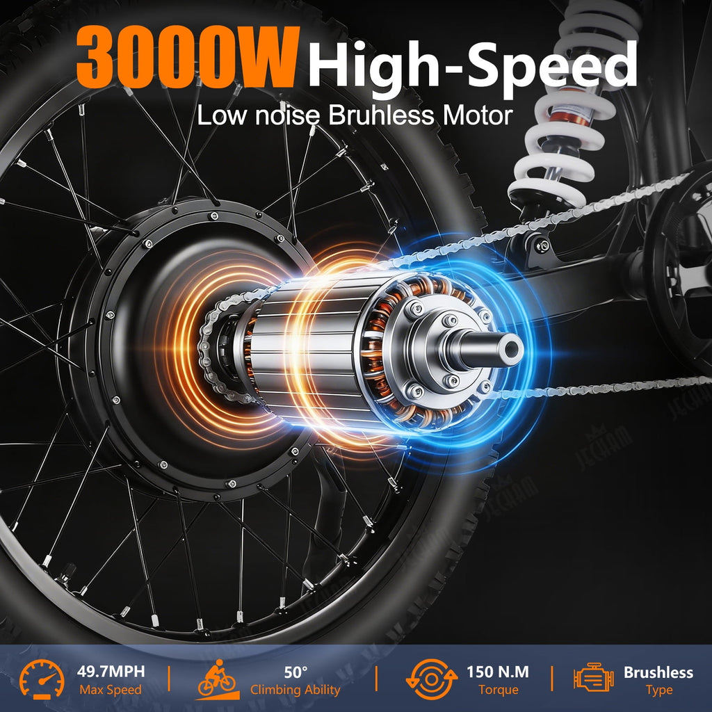 Jecham QF200 Pro 3000W Electric Bike for Adults, 60V 32AH Battery, 45+ MPH Speed, 80+ Miles Range , 19 Puncture-Resistant Tires, Dual Suspension & Hydraulic Brakes, NFC, UL2849