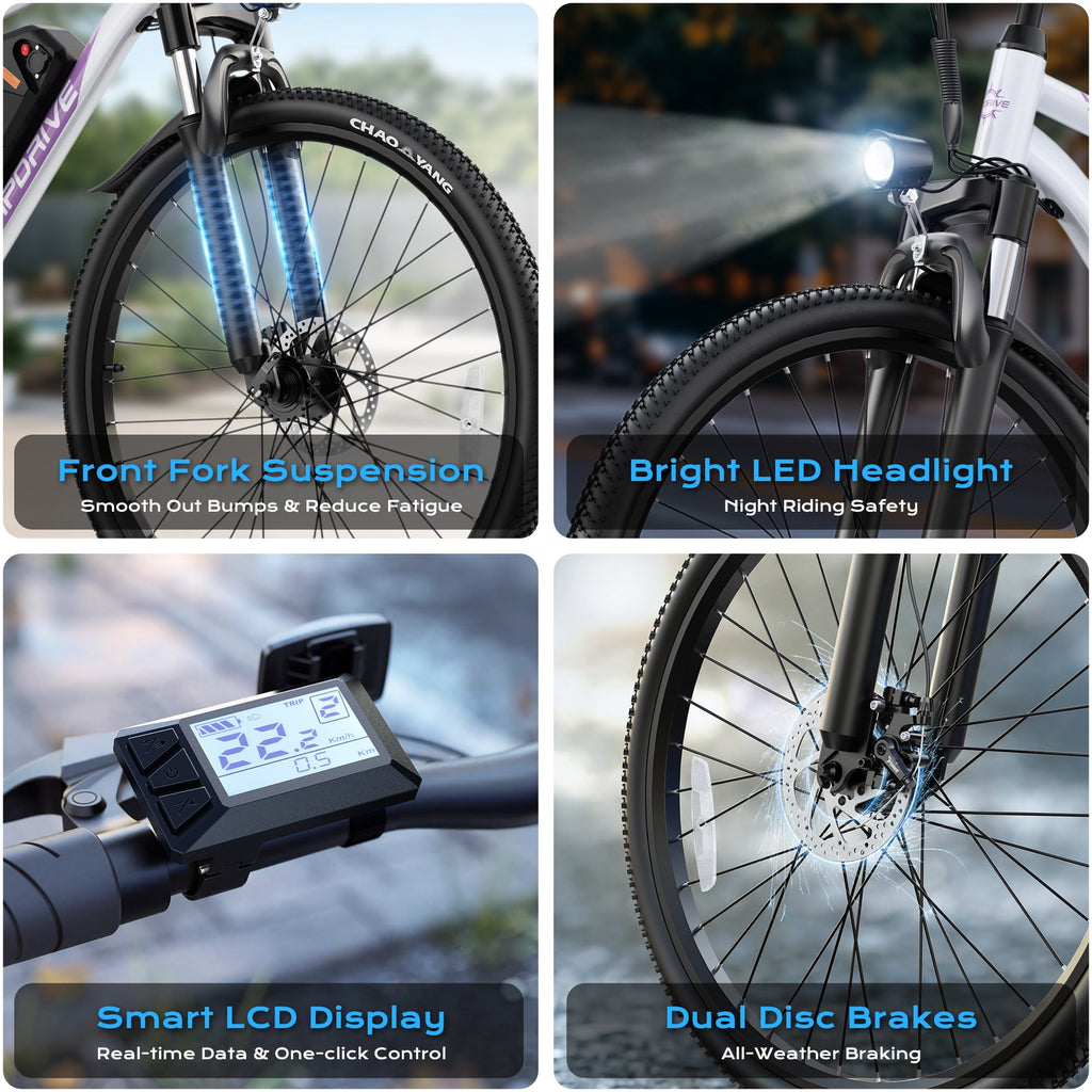 VIPDRIVE Electric Bike for Adults, 26'' 750W Peak Ebike, 48V 7.8AH Removable Battery，Up to 40 Miles 20MPH Electric Mountain Bike，Front Fork Suspension，UL2849