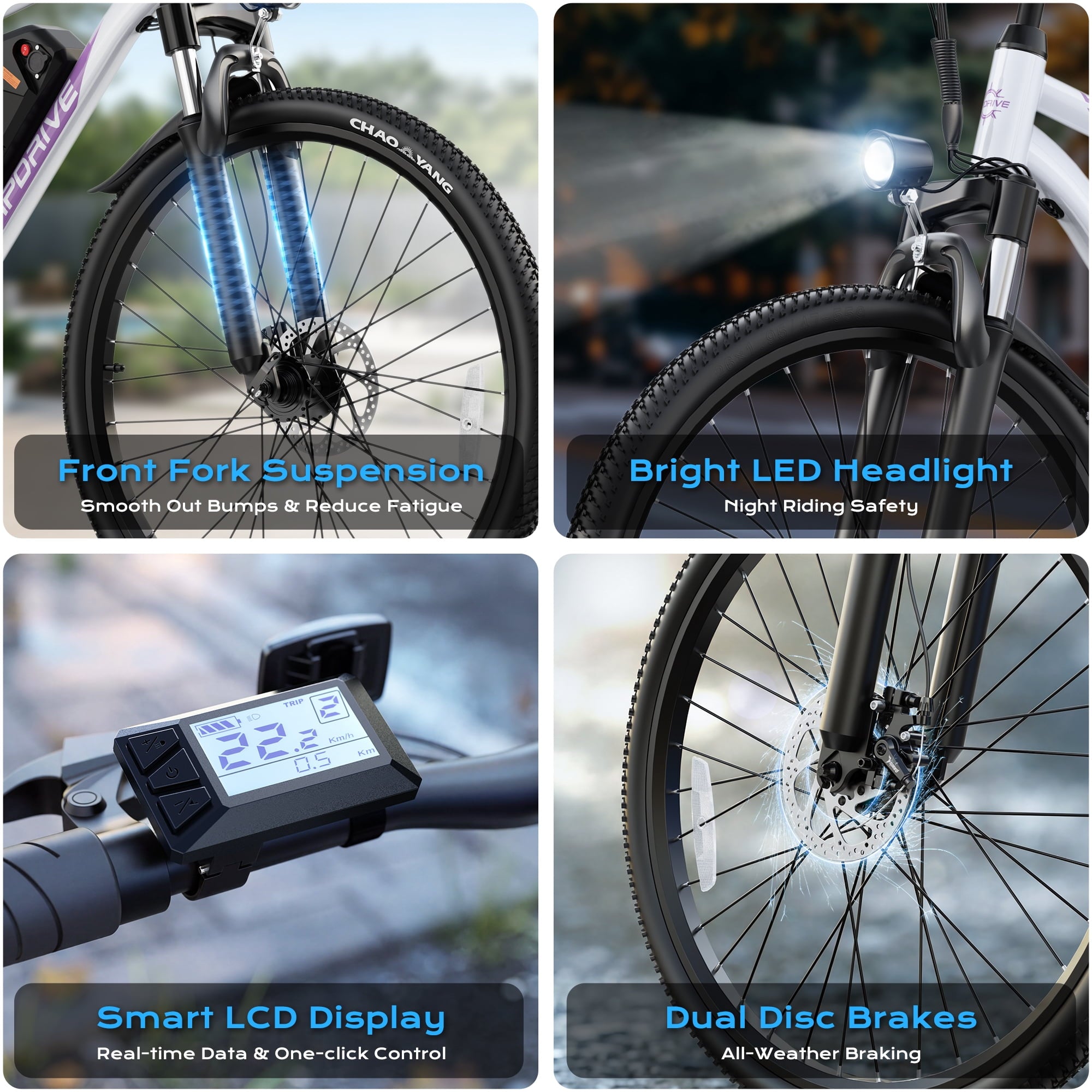VIPDRIVE Electric Bike for Adults, 26'' 750W Peak Ebike, 48V 7.8AH Removable Battery，Up to 40 Miles 20MPH Electric Mountain Bike，Front Fork Suspension，UL2849