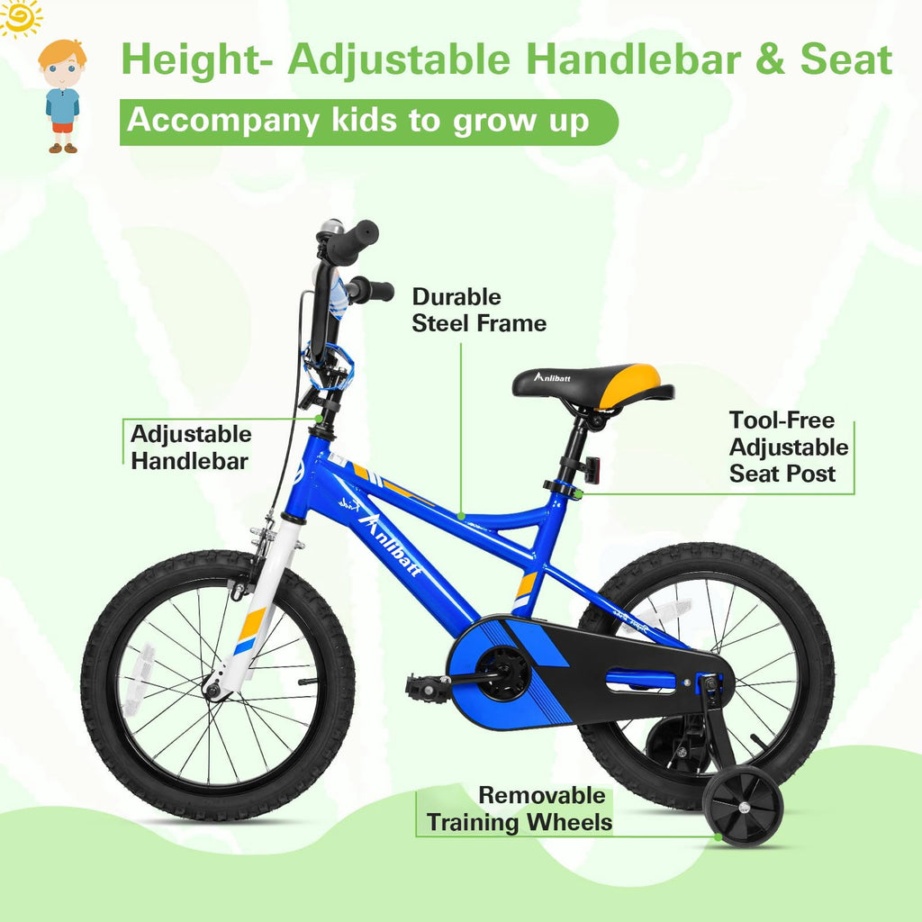Anlibatt Kids Bike Boy Bicycle 16 inch for Children Age 4-6 Years Old Height 38-48 in Toddler Cycling Dual Hand Brakes Blue Sport Bikes