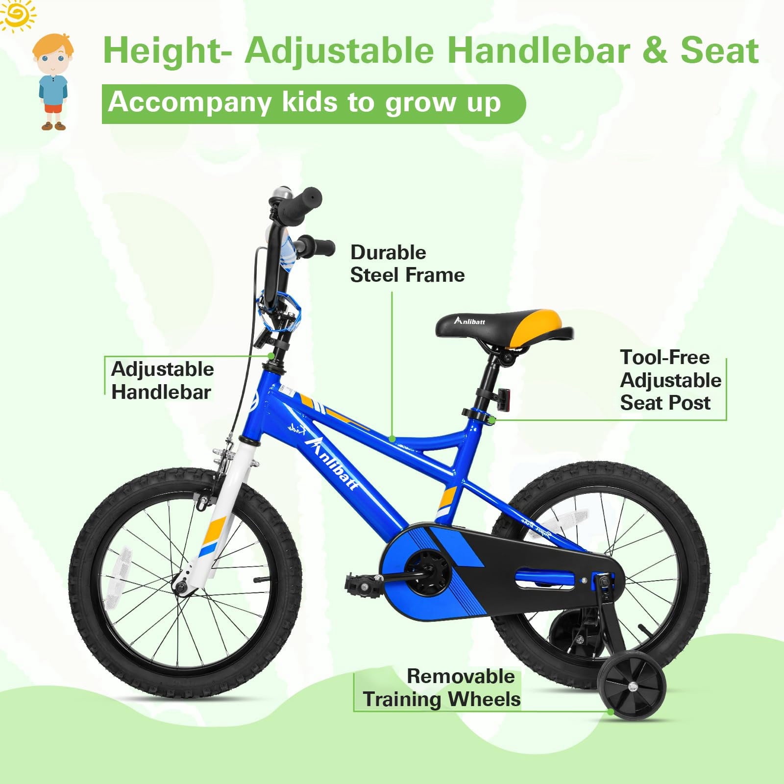 Anlibatt Kids Bike Boy Bicycle 16 inch for Children Age 4-6 Years Old Height 38-48 in Toddler Cycling Dual Hand Brakes Blue Sport Bikes