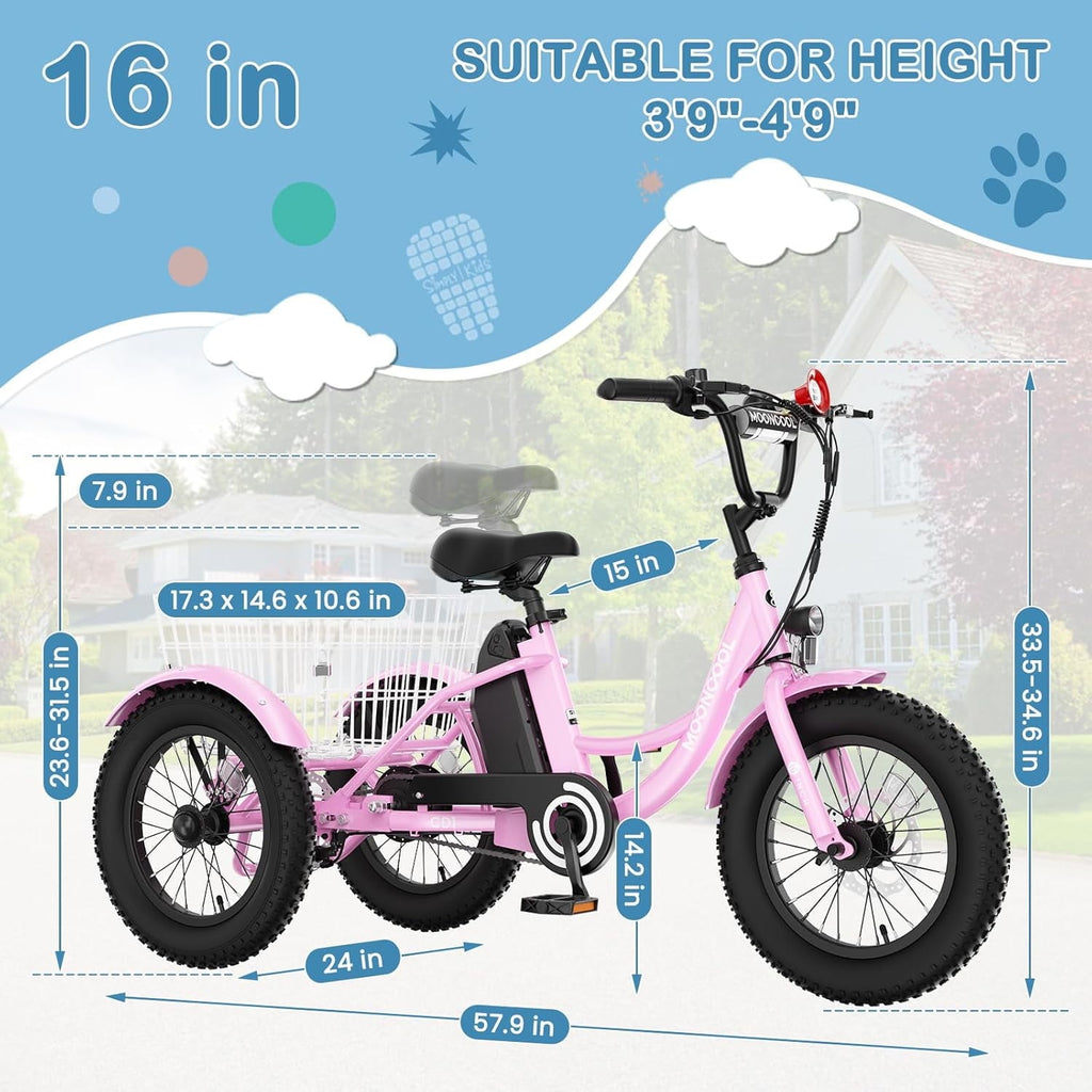 MOONCOOL Electric Tricycle for Kids ,16x3 3 Wheel 250W 10.4Ah Etrike W/ LED headlight & Rear Basket & horn bell & DIY stickers，6/9/12.5 MPH