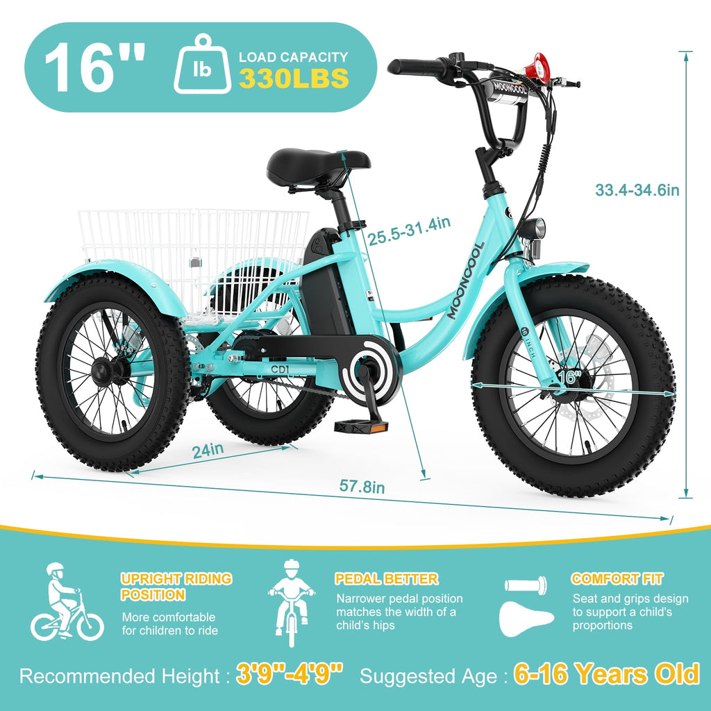 MOONCOOL Electric Tricycle for Kids ,16x3 3 Wheel 250W 10.4Ah Etrike W/ LED headlight & Rear Basket & horn bell & DIY stickers，6/9/12.5 MPH