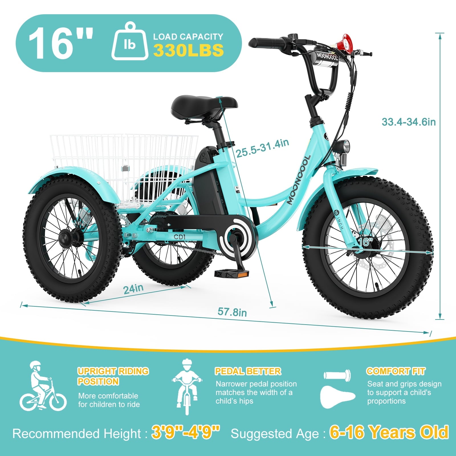 MOONCOOL Electric Tricycle for Kids ,16x3 3 Wheel 250W 10.4Ah Etrike W/ LED headlight & Rear Basket & horn bell & DIY stickers，6/9/12.5 MPH