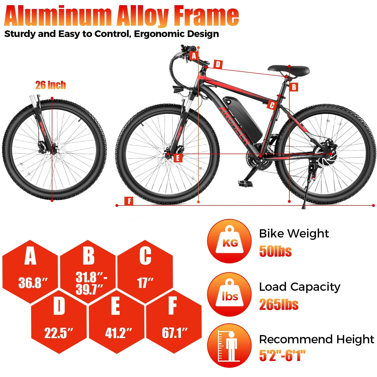 ANCHEER Electric Bike ,26 Electric Bike for Adults Electric Bicycles, 500W Electric Mountain Bike, 48V Commuter Ebike 48V Battery Ebike UL 2849, Lockable Suspension Fork, Shimano 21 Speed
