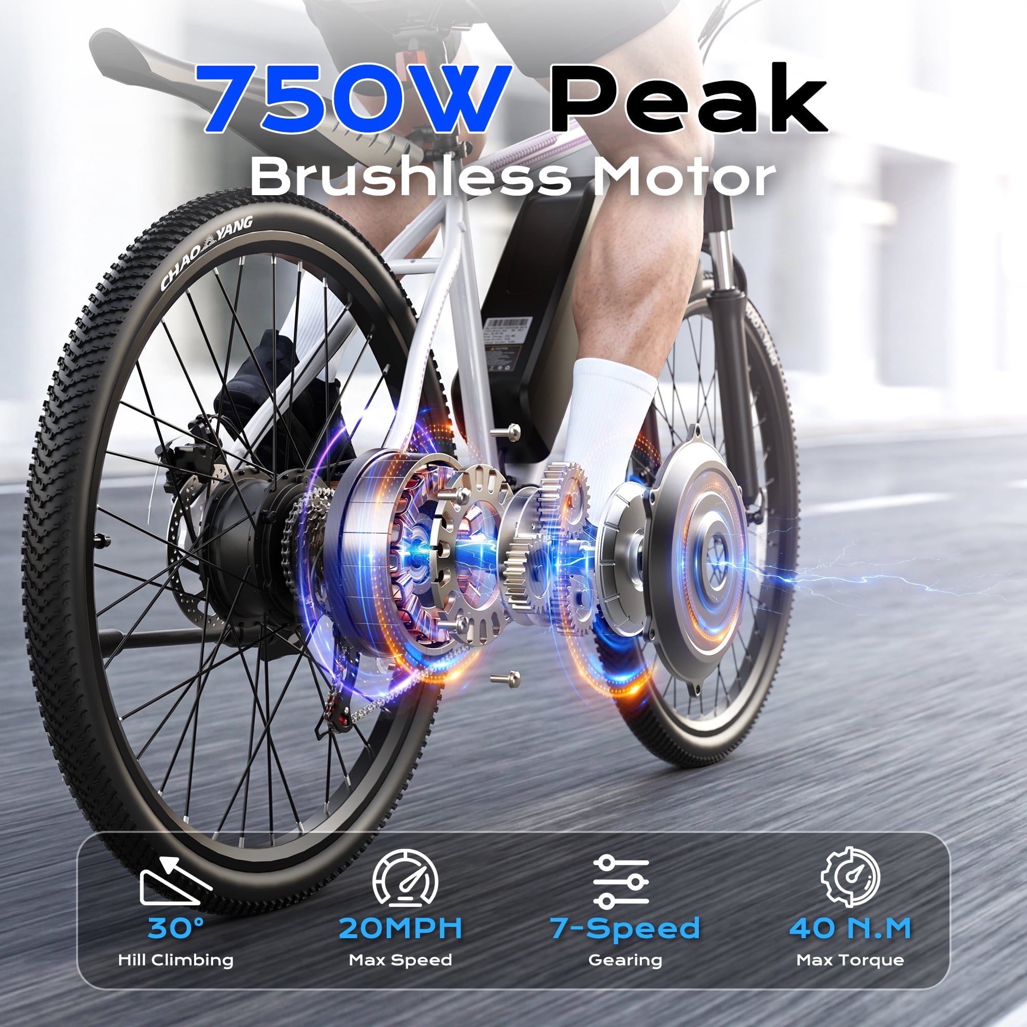 VIPDRIVE Electric Bike for Adults, 26'' 750W Peak Ebike, 48V 7.8AH Removable Battery，Up to 40 Miles 20MPH Electric Mountain Bike，Front Fork Suspension，UL2849