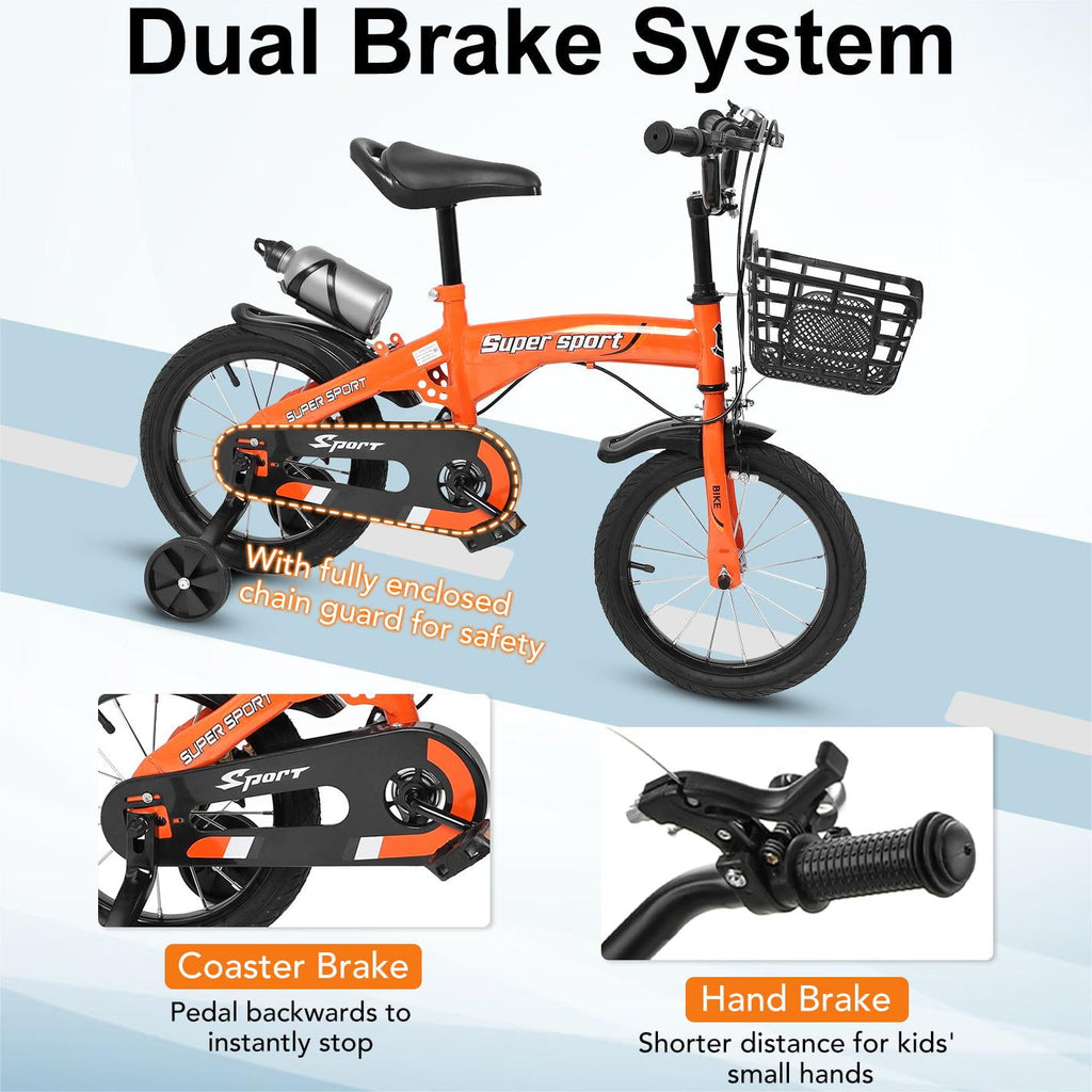16 Kids Bike with Training Wheels, Height Adjustable Kid's Bicycle with Basket/Water Bottle/Inflator/Bell, Gifts for Girls Boys Toddlers Kids 3-8 YO