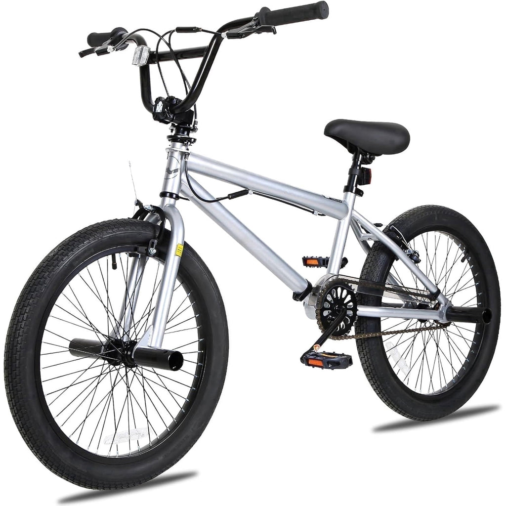 Hykolity 20 inch BMX Bike Freestyle Cycling Trick Bicycle with 4 Pegs for Teenage Adults Men Women Beginners Street Stunt Bike V-Brake Silver